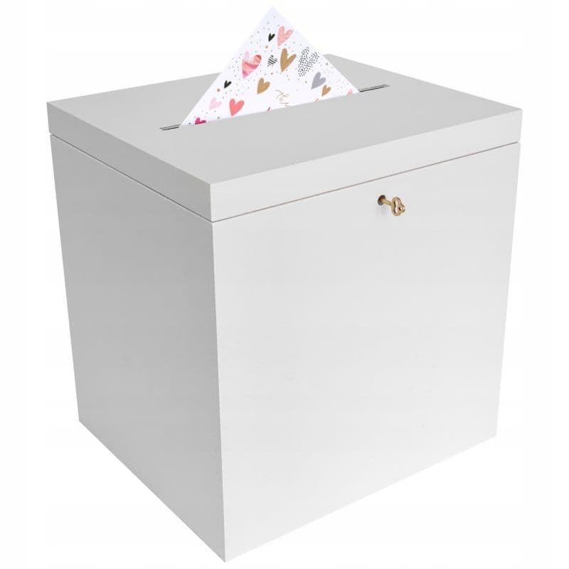 Pudełko Drewniane Creative Deco na Koperty Ślubne Białe 29 x 25 x 30 cm Skrzynka z Pokrywą i Kluczykiem na Urodziny Ślub 1 szt