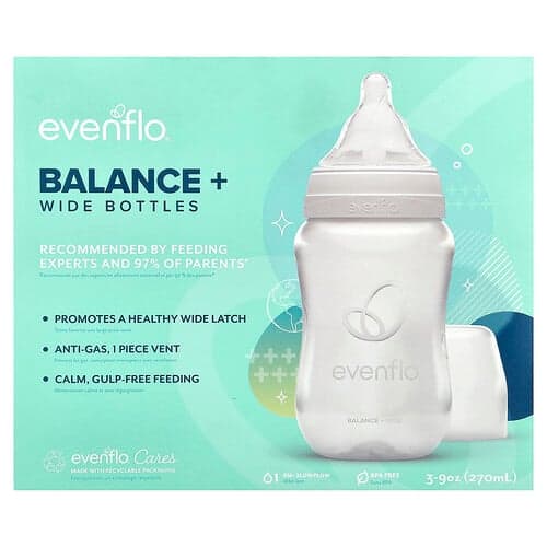 Evenflo Feeding  Butelki Balance+  szerokie  od 0 miesięcy  o wolnym przepływie  3 butelki  po 270 ml