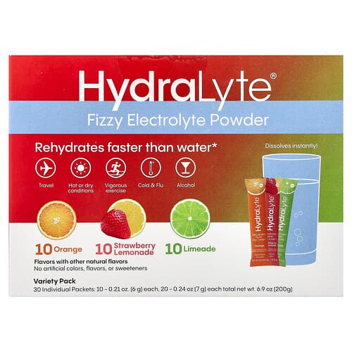 Hydralyte  Gazowany elektrolit w proszku  opakowanie smakowe  pomarańcza  truskawkowa lemoniada i limonka  30 pojedynczych opakowań  200 g