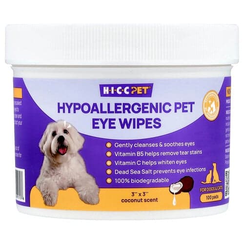 HICC Pet  Hipoalergiczne chusteczki do oczu dla zwierząt  dla psów i kotów  kokosowe  100 płatków (3 x 3)