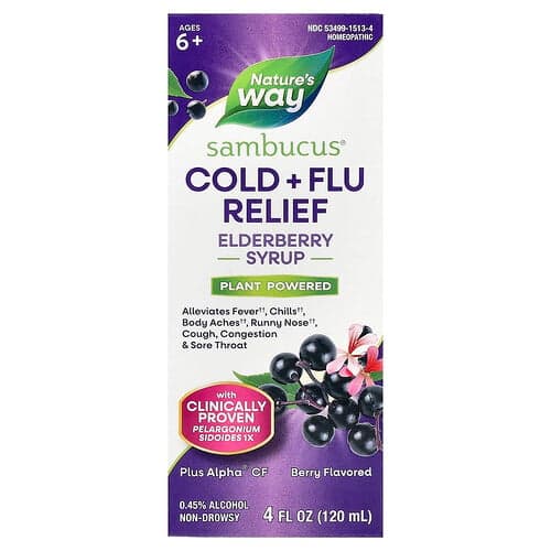 Nature's Way  Sambucus®  Syrop z czarnego bzu na przeziębienie i grypę  od 6. roku życia  smak jagodowy  120 ml