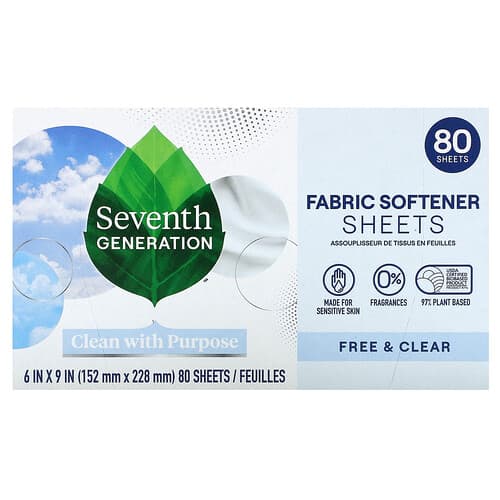 Seventh Generation  Chusteczki do zmiękczania tkanin  bezpłatne i przezroczyste  80 chusteczek