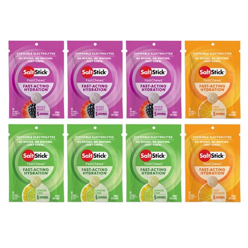 SaltStick  FastChews®  elektrolity do żucia  opakowanie o różnych smakach  8 saszetek