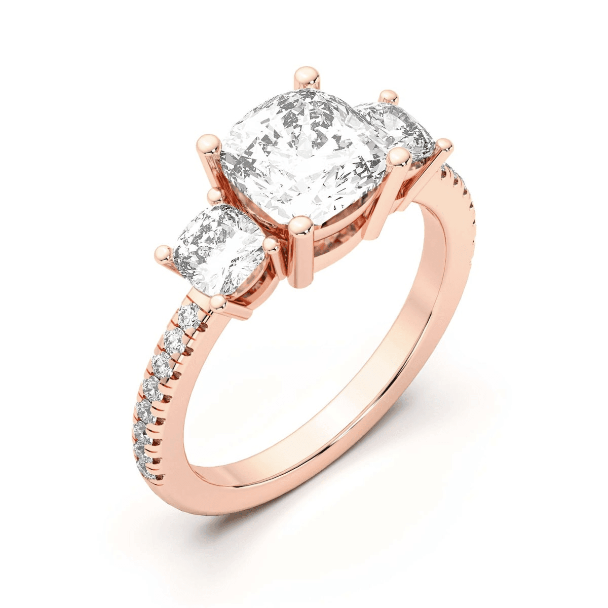 Trójkamieniowy Poduszkowy Pierścionek Zaręczynowy 1.25 krt Accented Naturalny Diament 585 Różowe Złoto (14K)