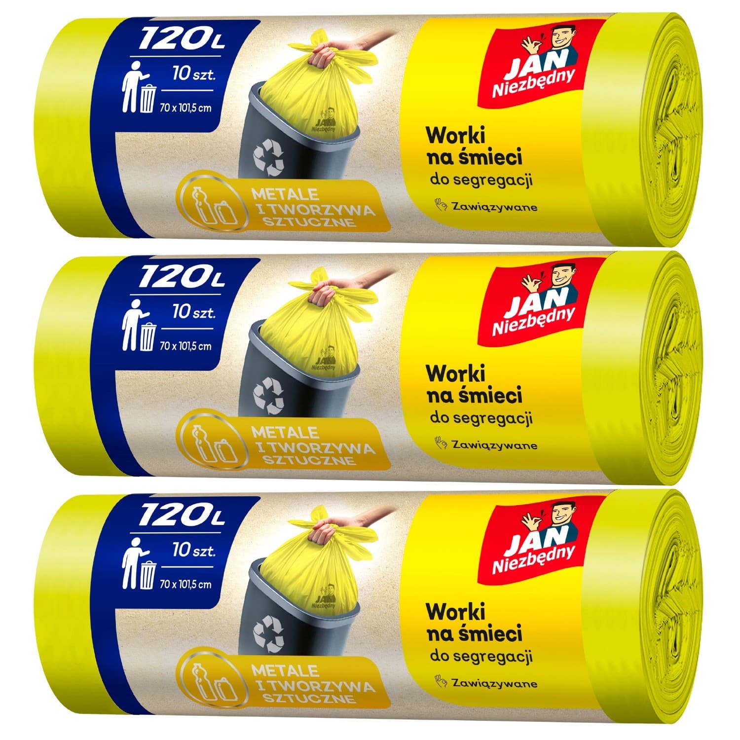 Żółte duże worki do segregacji 120l - 3 rolki Jan Niezbędny