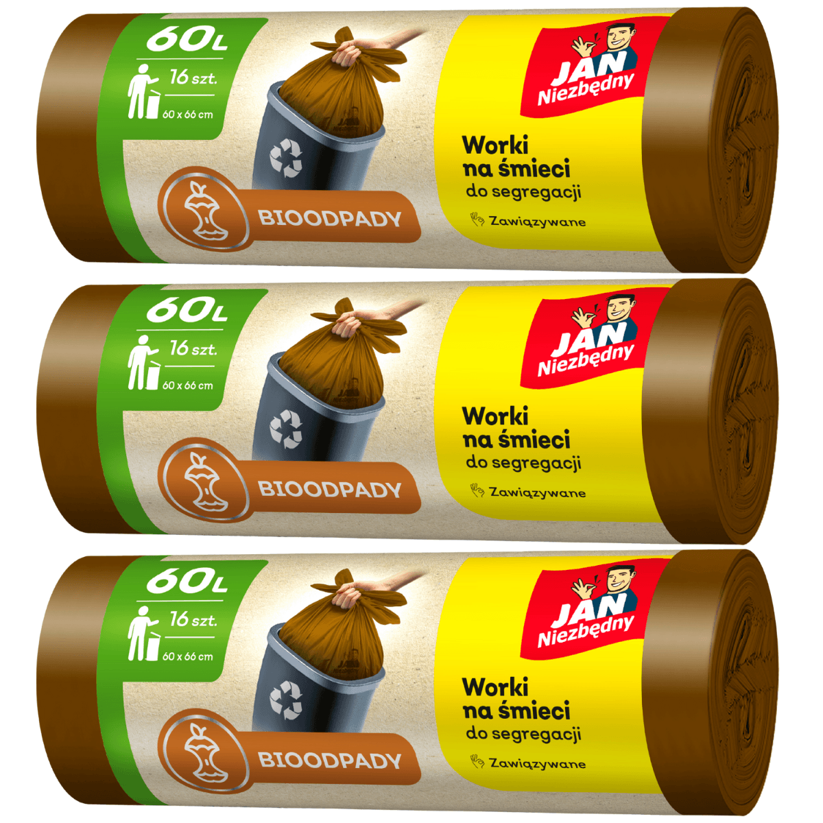 Brązowe worki 60l na bioodpady - 3 rolki Jan Niezbędny
