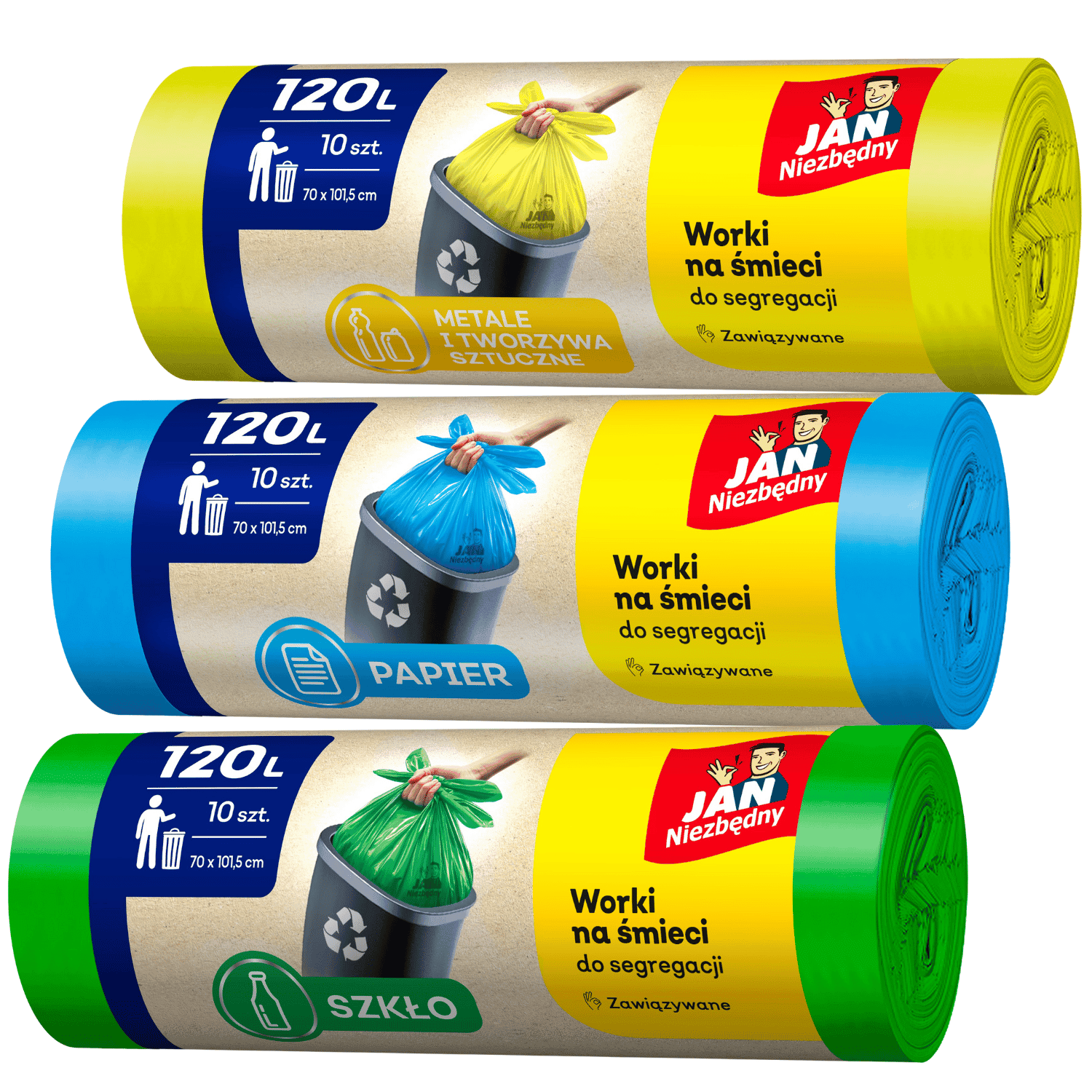 Worki do segregacji 3 kolory 120l - 3 rolki Jan Niezbędny