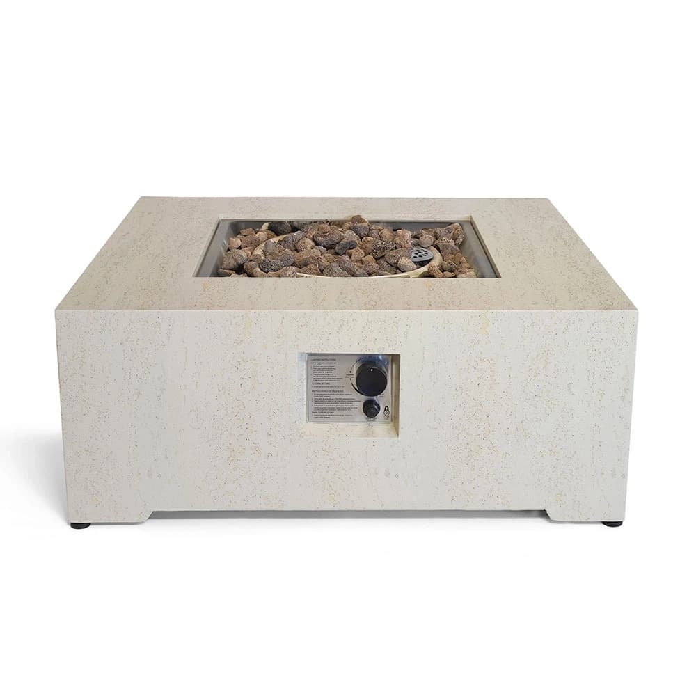 Stolik z paleniskiem gazowym z trawertynu Estate Square 88 marki Happy Cocooning – 88cm stó? z kompozytu o wygl?dzie kamienia, 16,5 kW
