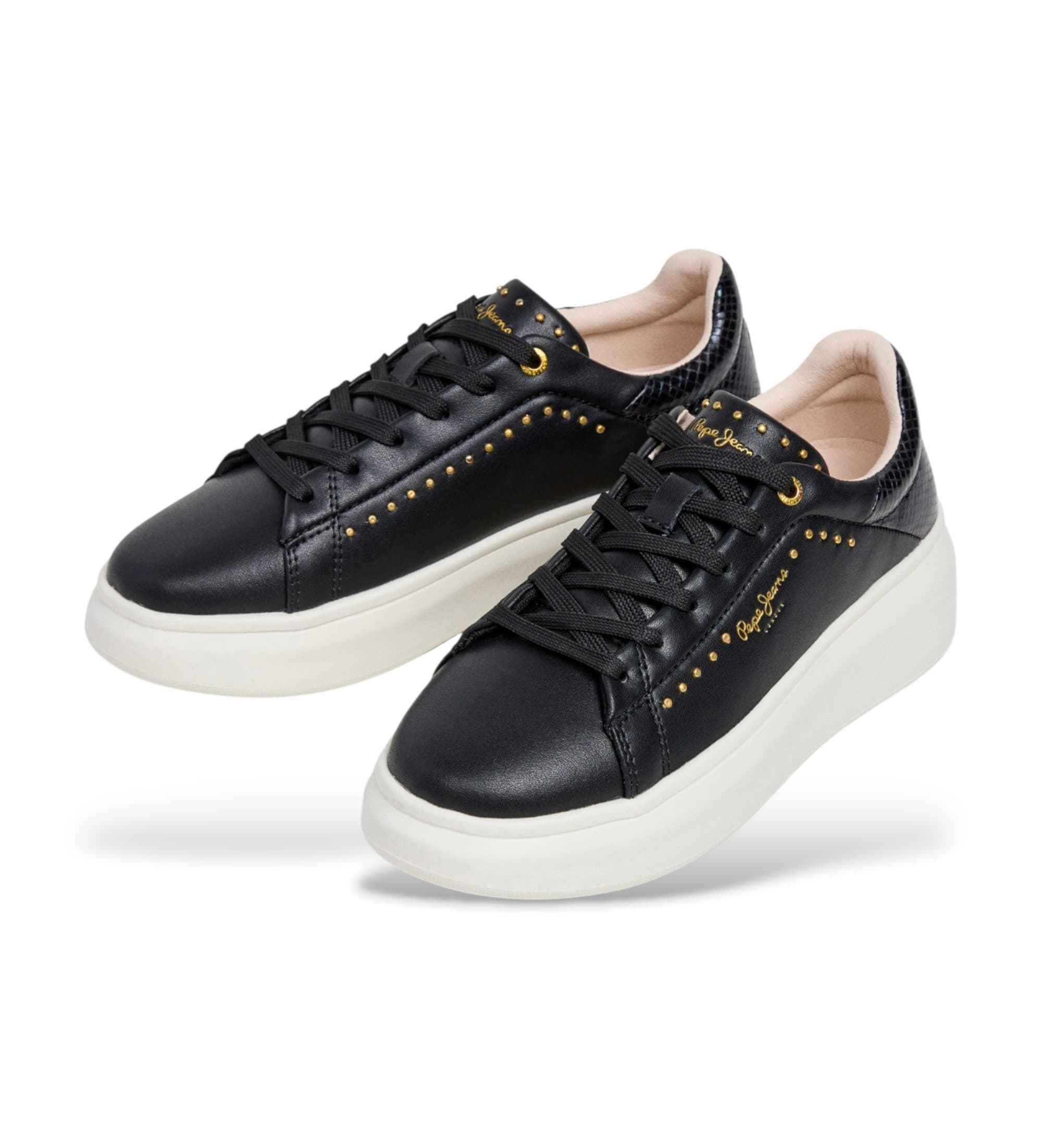 Pepe Jeans dla kobiet. PLS000022 Skórzane trampki Yara Glam w kolorze czarnym (39), Skóra, 1 do 3 cm, Smycze, Zwykły