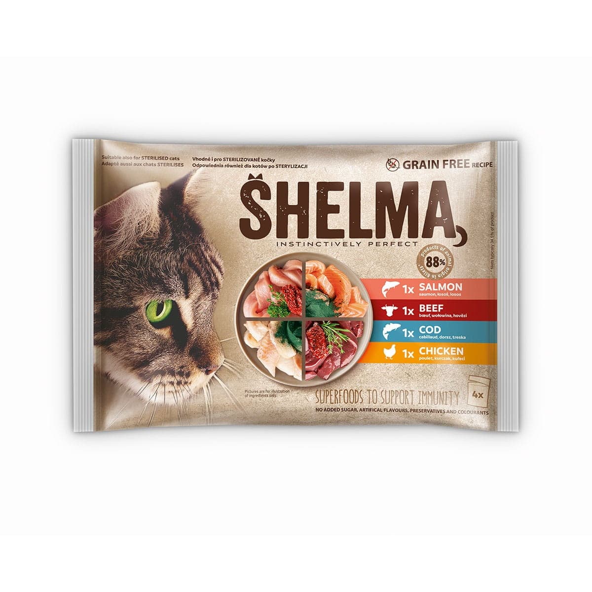 SHELMA Bogata w łososia, dorsza, wołowinę i kurczaka - mokra karma dla kota - 4x85g