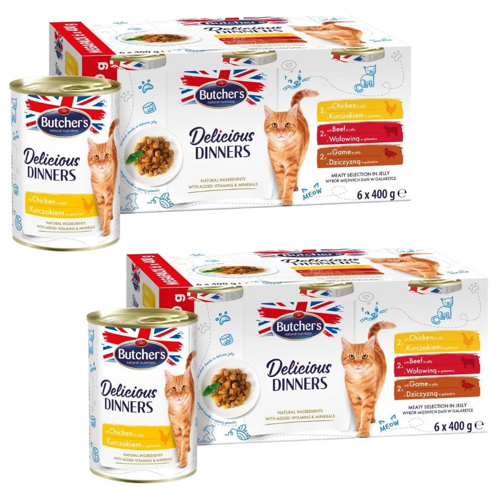 BUTCHER'S Delicious Dinners Wybór mięsnych dań w galaretce Box - mokra karma dla kota - 12x400g (2x(6x400g))
