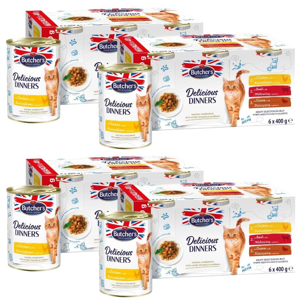 BUTCHER'S Delicious Dinners Wybór mięsnych dań w galaretce Box - mokra karma dla kota - 24x400g (4x(6x400g))
