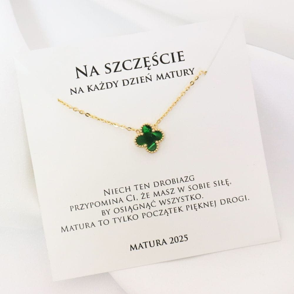 Prezent dla maturzysty z dedykacją naszyjnik złota koniczynka