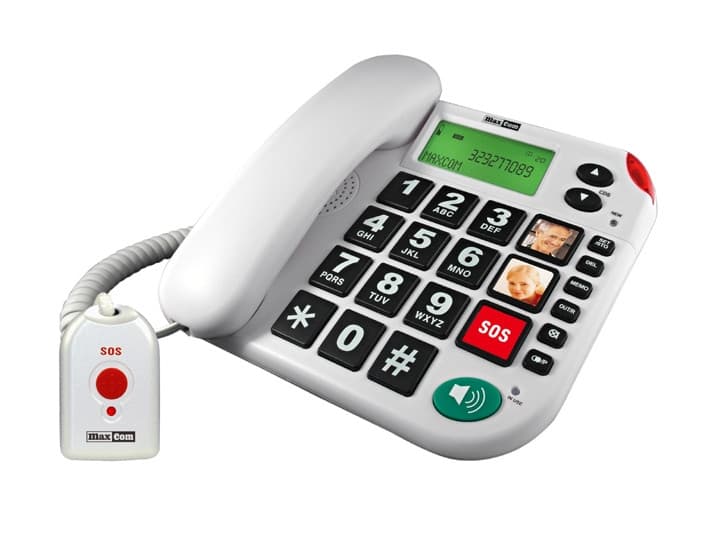 Telefon stacjonarny MAXCOM KXT481 SOS dla seniora z pilotem SOS, dużymi przyciskami, identyfikacją głosową i klawiszami zdjęciowymi