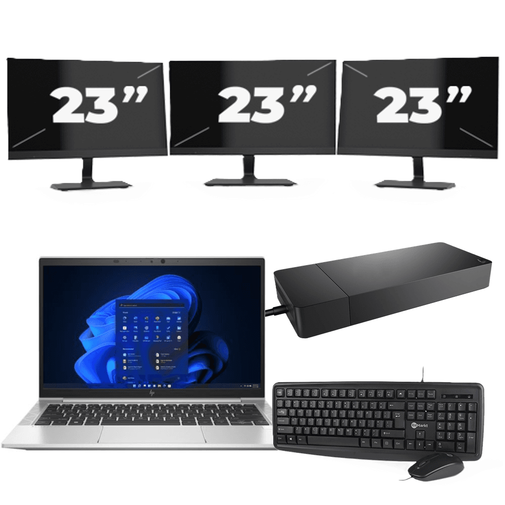 HP EliteBook 835 G8 - AMD Ryzen 3 PRO 5450U - 13 cal - 8GB RAM - 256GB SSD - Windows 11 Home + 3x 23 cal Monitor