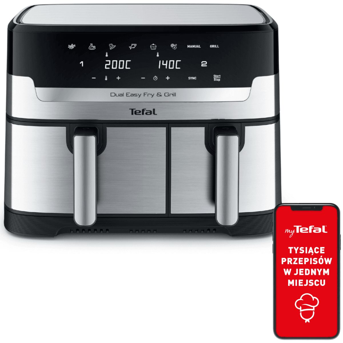 Frytkownica beztłuszczowa, Tefal Dual Easy Fry&Grill EY905D, dwukomorowa, duża, grill, Air Fryer