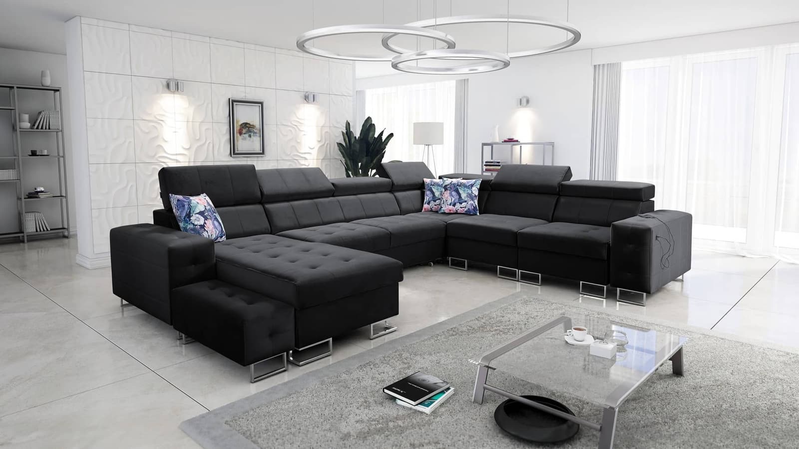 Narożnik z funkcją spania Hampton VIII czarny lewostronny nowoczesny design narożnik rozkładany do salonu funkcjonalna dostawka