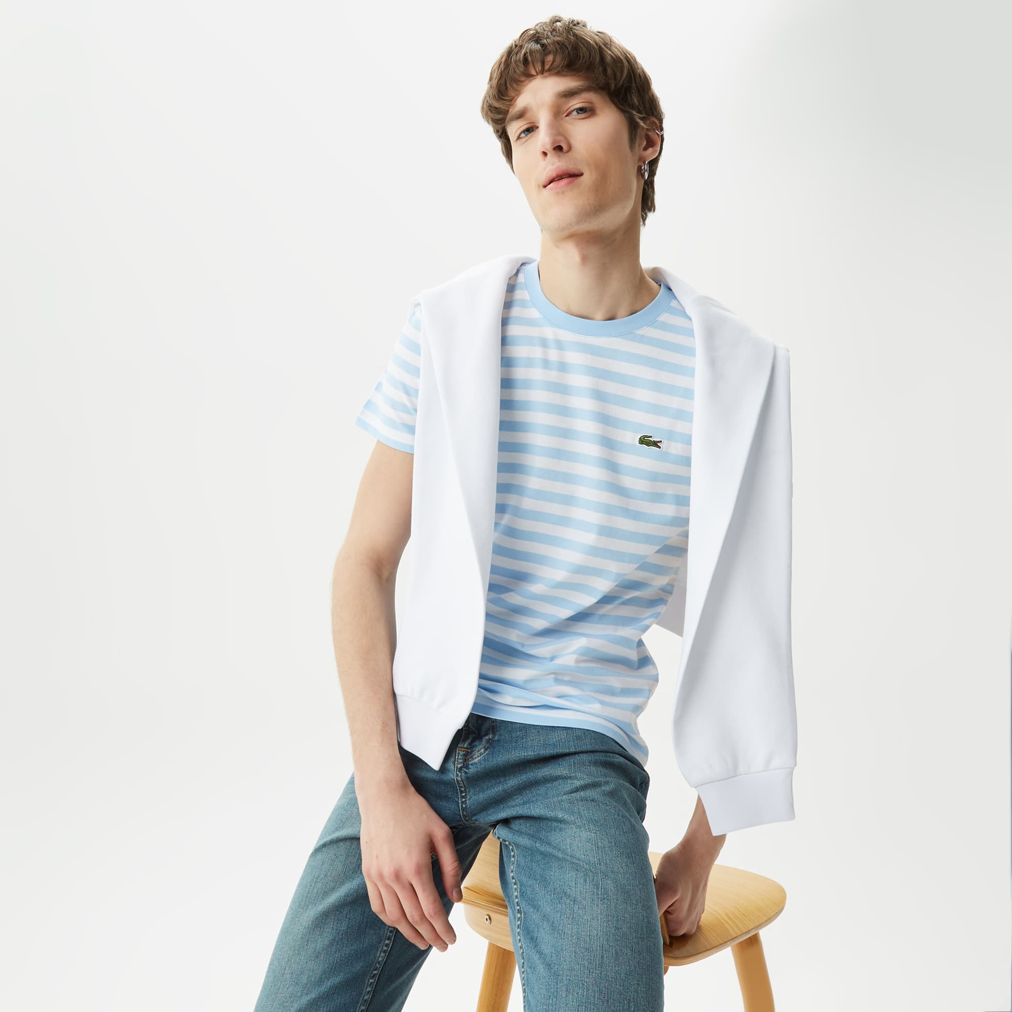 Lacoste Męski Niebieski T-Shirt W Paski Z Okrągłym Dekoltem Slim Fit