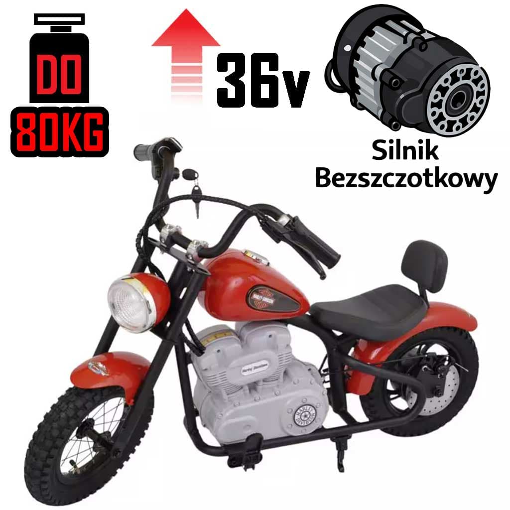 Mocny motor Harley Wide Glide Czerwony 36V AIR do 80kg nawet 23 km/h!