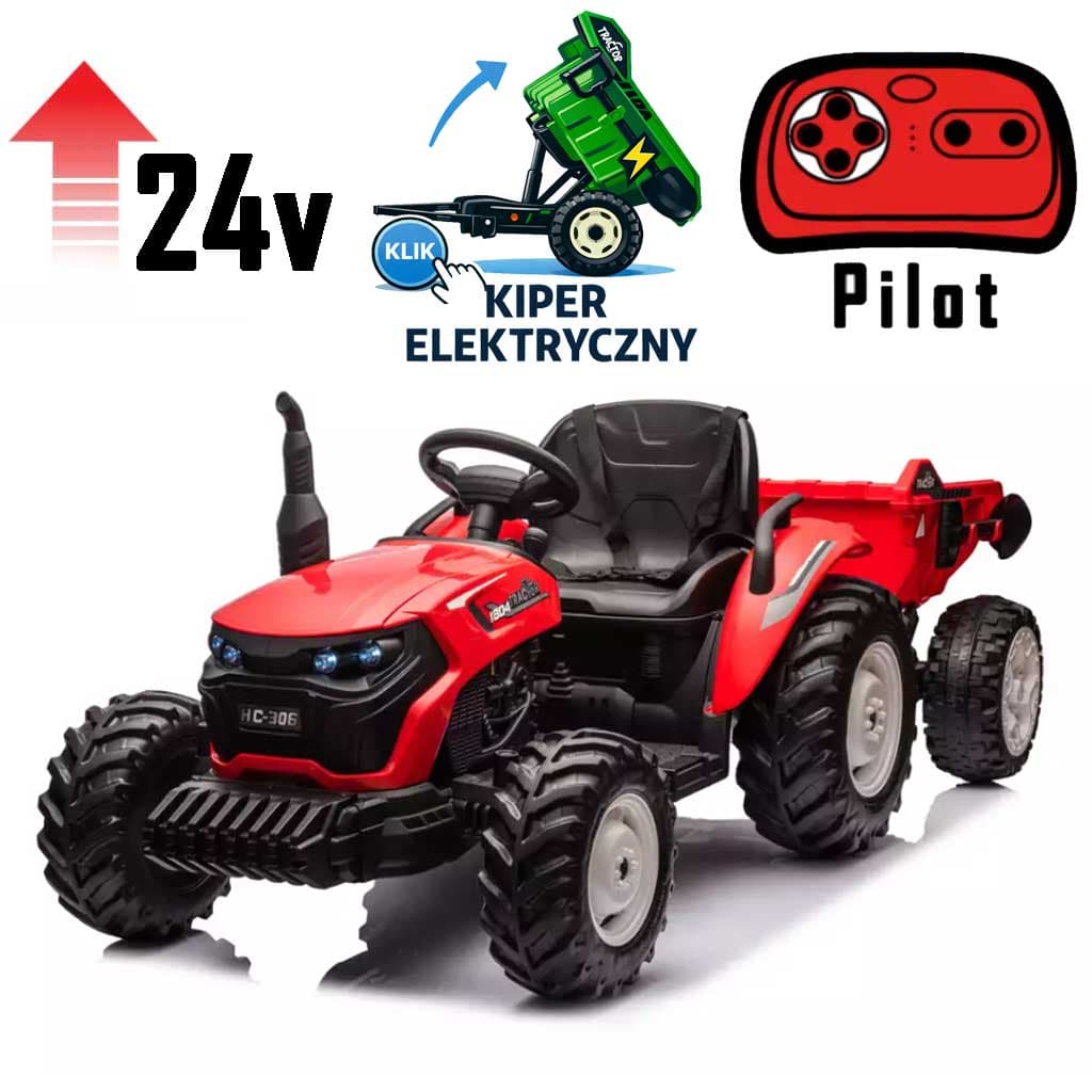 Traktor Na Akumulator HC-306 Strong Czerwony Z Przyczepą elektryczną Powiększony akumulator 24V/10Ah
