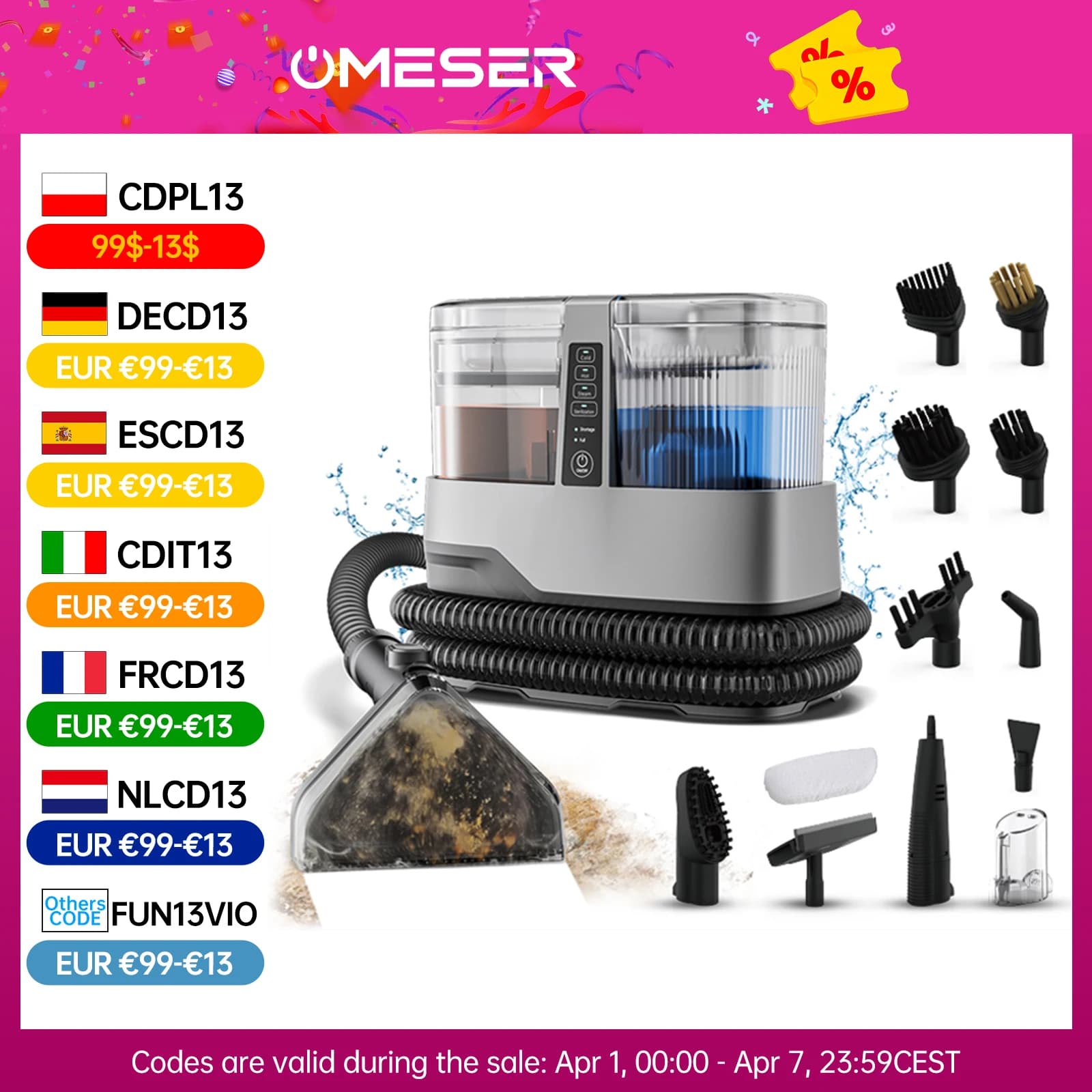 OMESER 1800W 17KPa Parowy Odkurzacz do Dywanów 13 w 1 Wielofunkcyjny Przenośny Urządzenie do Czyszczenia na Sucho i Mokro do Tapicerki i Fotelików