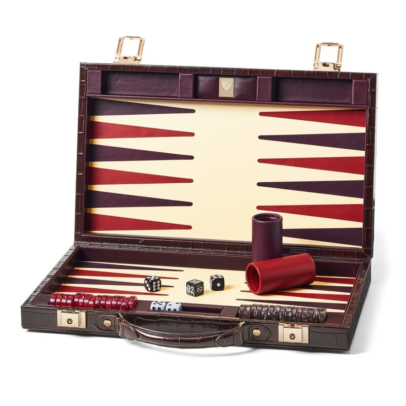 Aspinal of London 15-inch Backgammon Set in Deep Shine Amazon Brown Croc