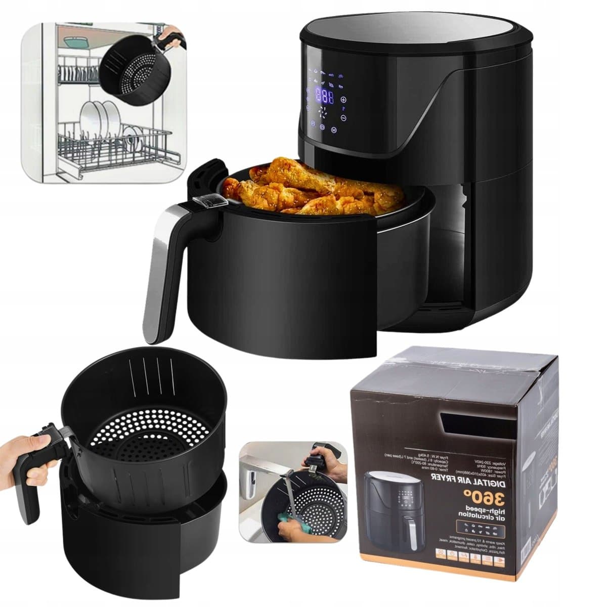 Air Fryer Beztłuszczowa Frytkownica Czarna Duża XXL Pojemność 7L 1800 W