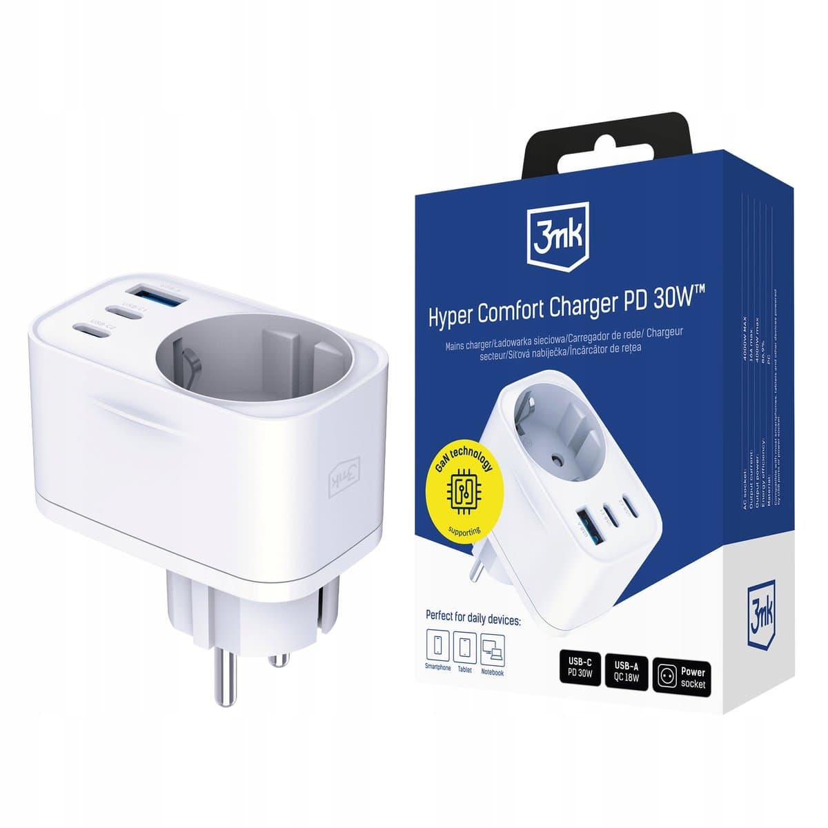 Biała ładowarka 3mk Comfort Charger GaN 30W QC PD 1xUSB-A 2xUSB-C Schuko