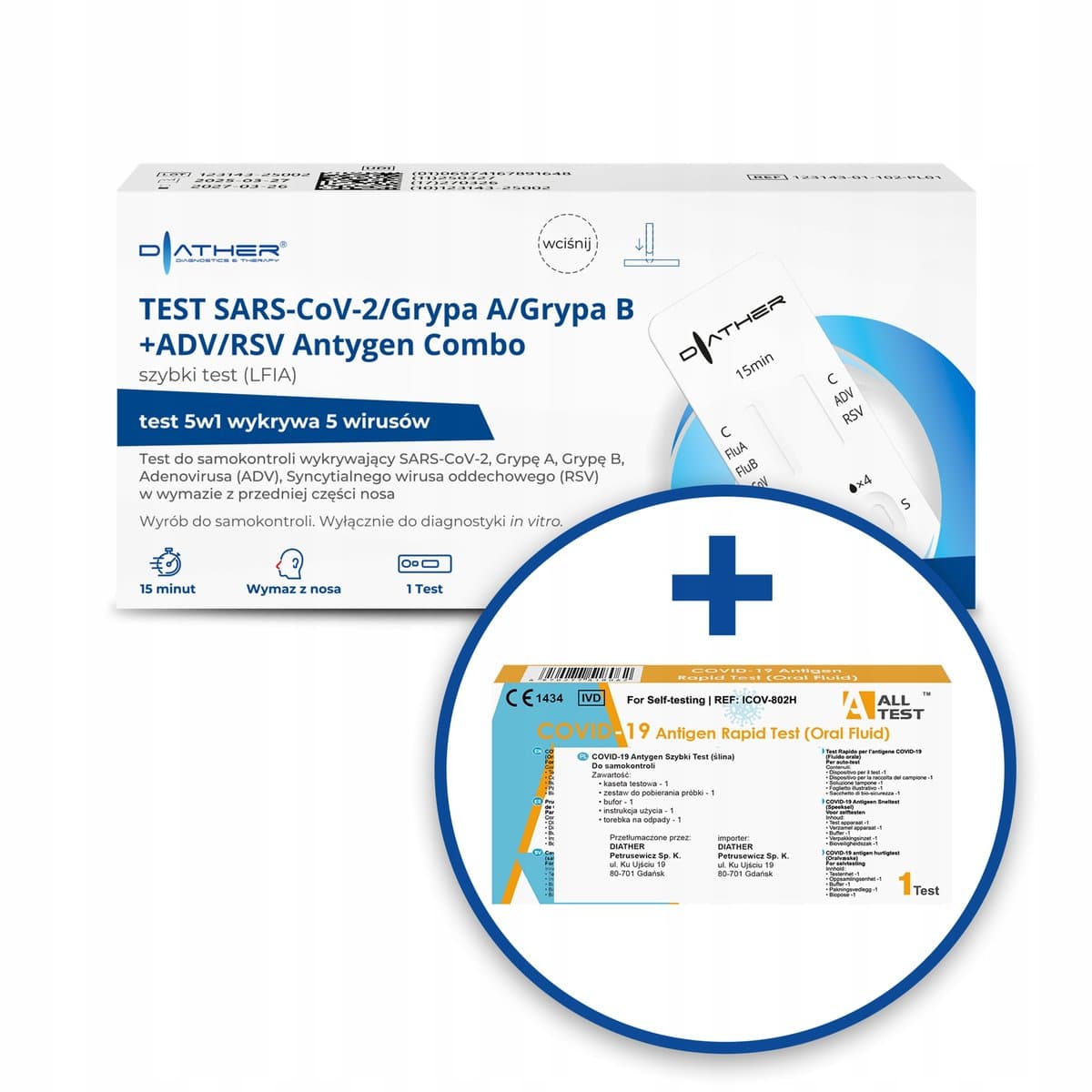 DIATHER Test SARS-CoV-2/Grypa A/Grypa B+ADV/RSV Antygen Combo