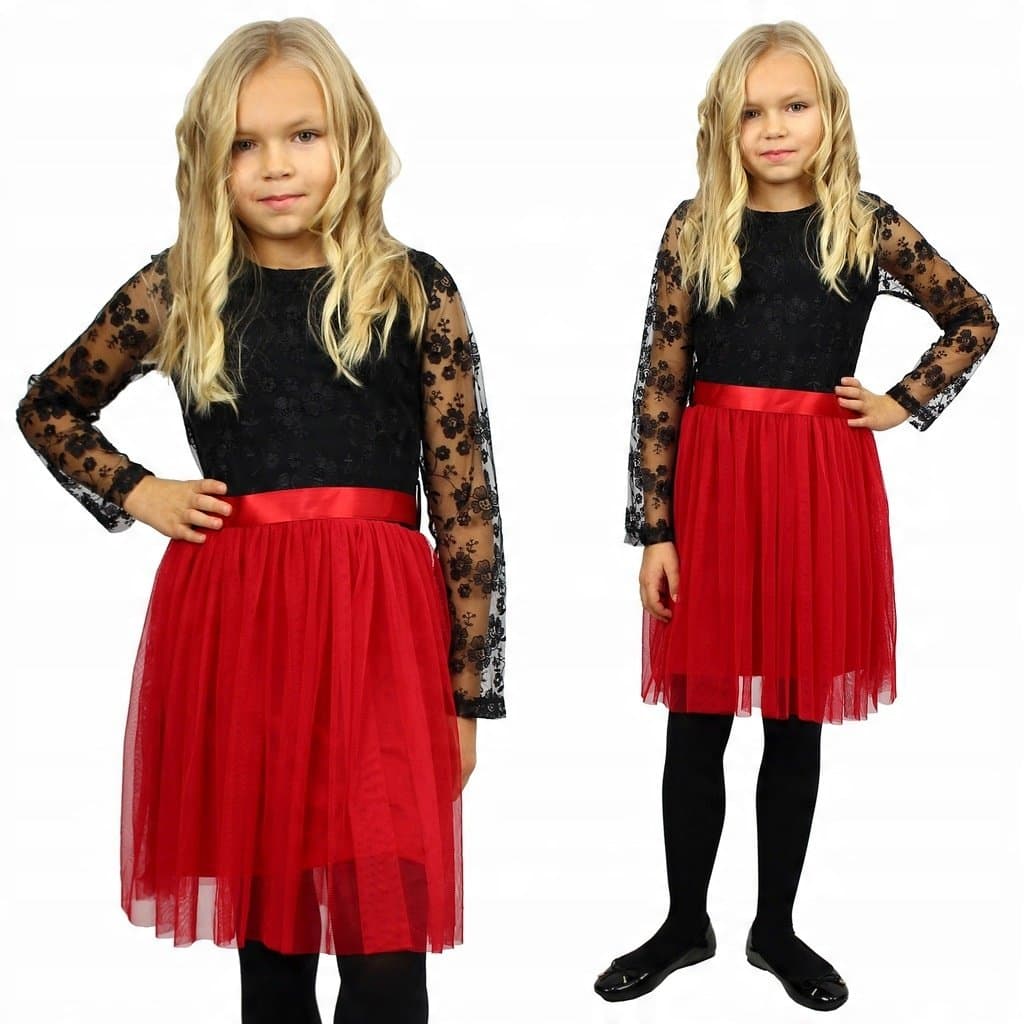 Elegancka Sukienka Tiulowa Haft Czerwona 152