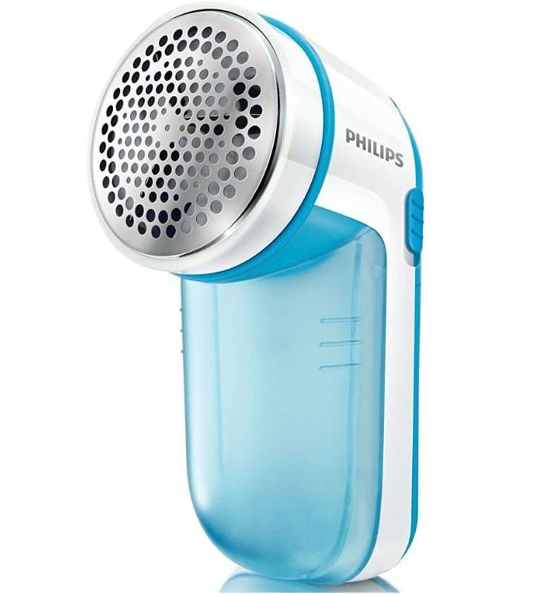 Golarka do tkanin PHILIPS GC026 - turkusowa usuwanie zmechaceń szczoteczka pojemnik na mech baterie AA odzież swetry delikatne materiały ubrania.