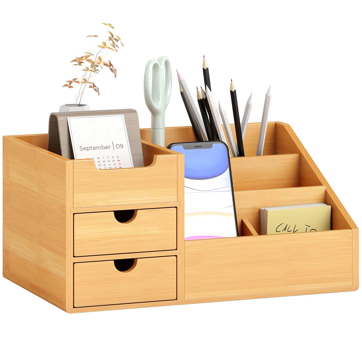 HOMCOM Organizer na biurko, pudełko do przechowywania, organizer biurowy, 2 szuflady, naturalny, dł. 33 x szer. 20,5 x wys. 15,5 cm
