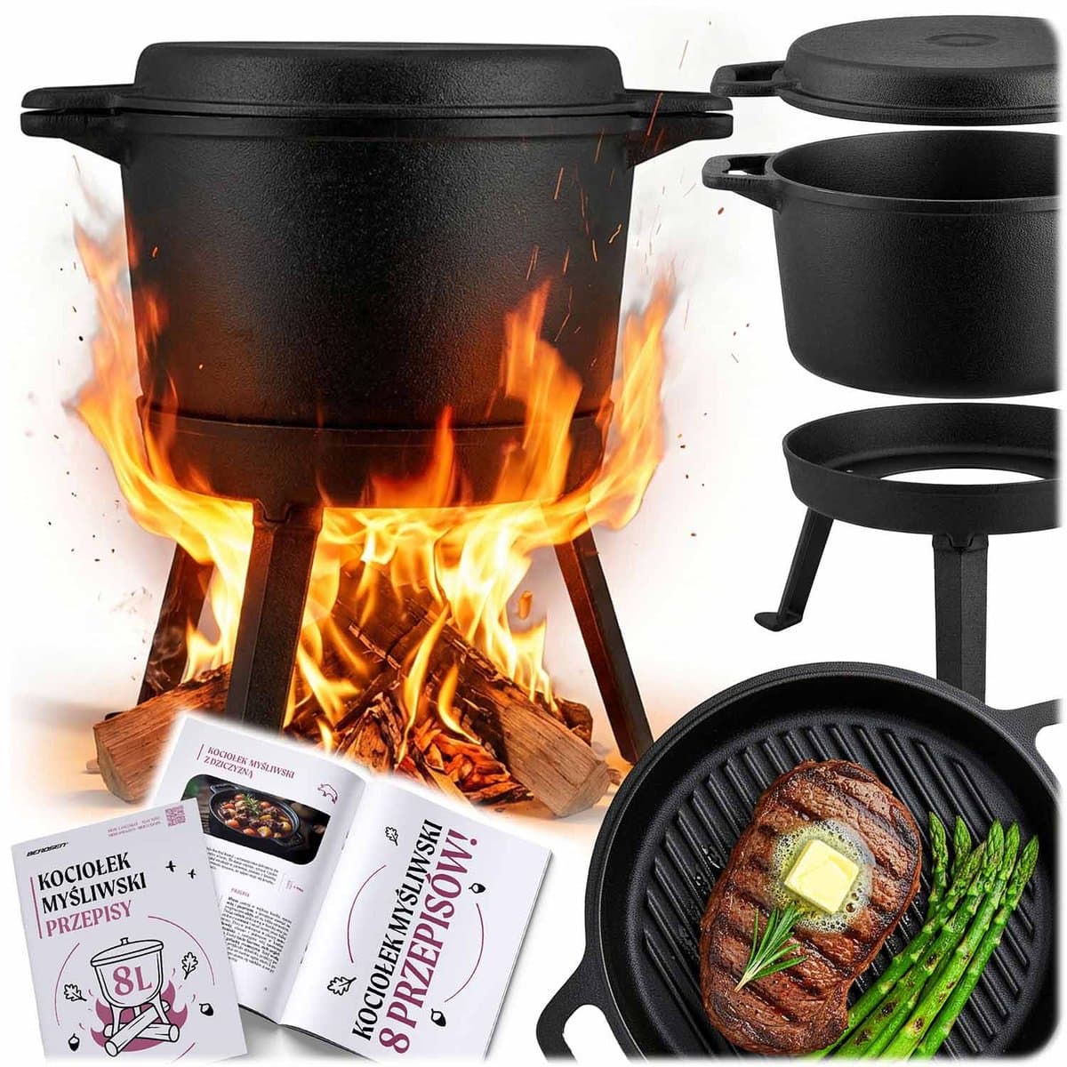 Kociołek żeliwny demontowany 8L Berdsen BD-480 garnek + patelnia grill + przepisy