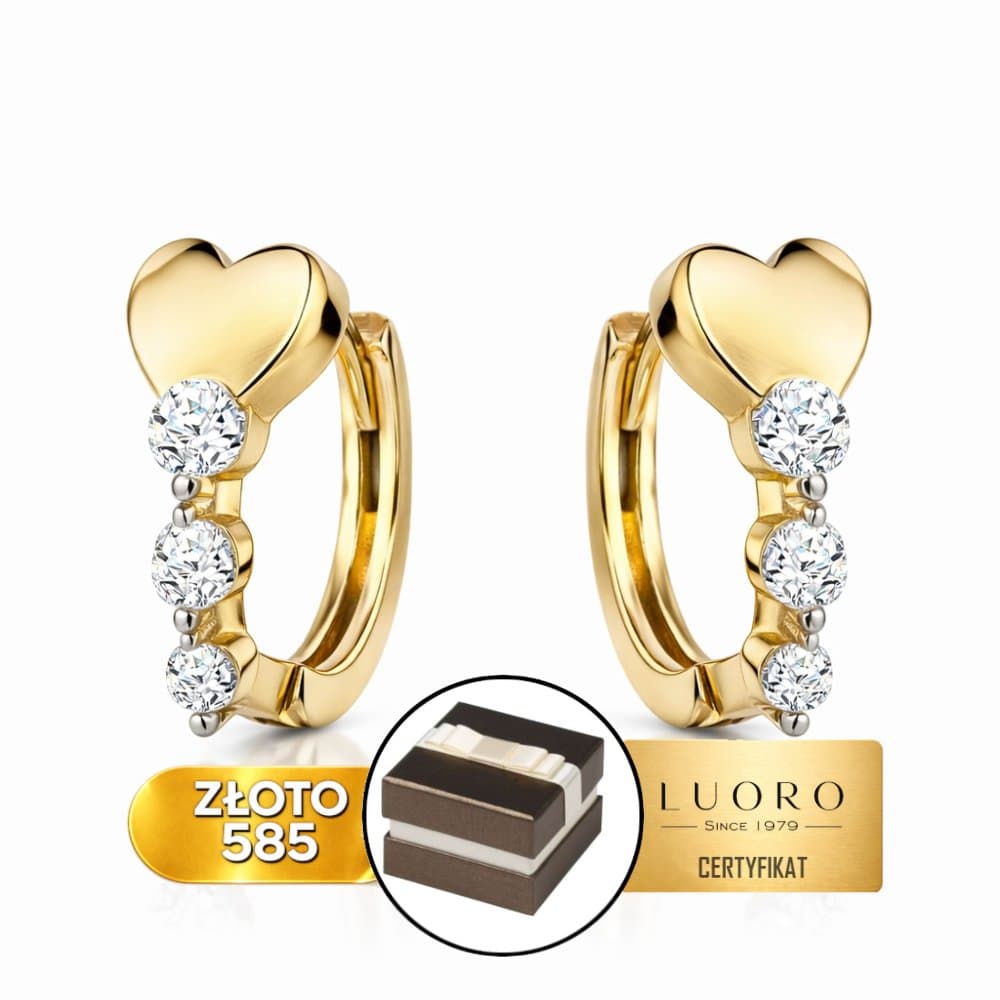 KOLCZYKI ZŁOTE 585 14K SERCE Z CYRKONIAMI ANGIELSKIE ZAPIĘCIE 11 MM