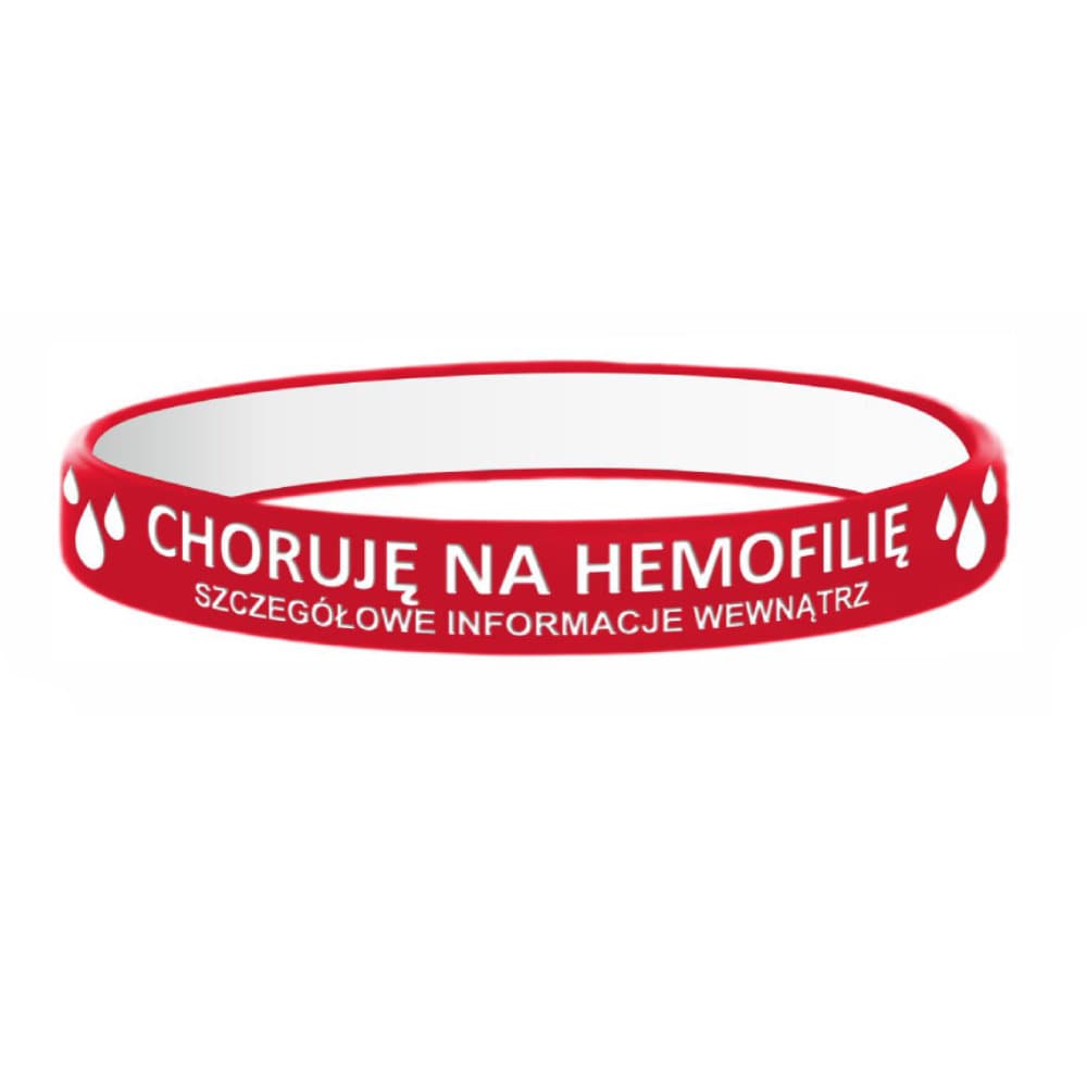 Opaska silikonowa na nadgarstek z miejscem na informacje - Choruję na Hemofilię - czerwona