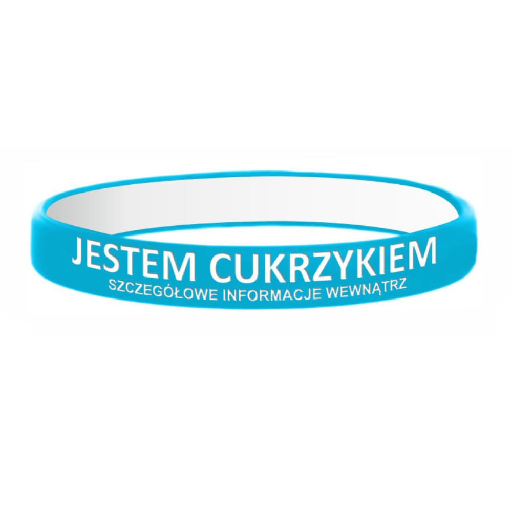 Opaska silikonowa na nadgarstek z miejscem na informacje - Jestem Cukrzykiem - niebieska