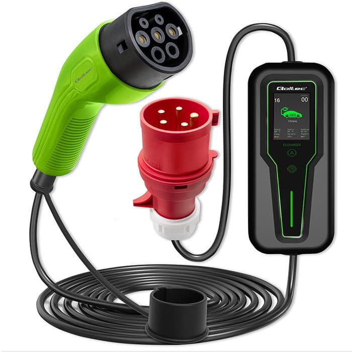 Qoltec Mobilna ładowarka do samochodu elektrycznego EV z regulacją 2w1 Typ2 | 11kW | 3 Fazy | CEE 5 PIN| LCD |Przenośna | Wallbox | 5m