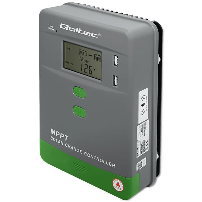 Qoltec Solarny regulator ładowania MPPT z czujnikiem temperatury 50A |12V / 24V | LCD | 2 x USB | Bluetooth | APP | GEL | LiFePO4