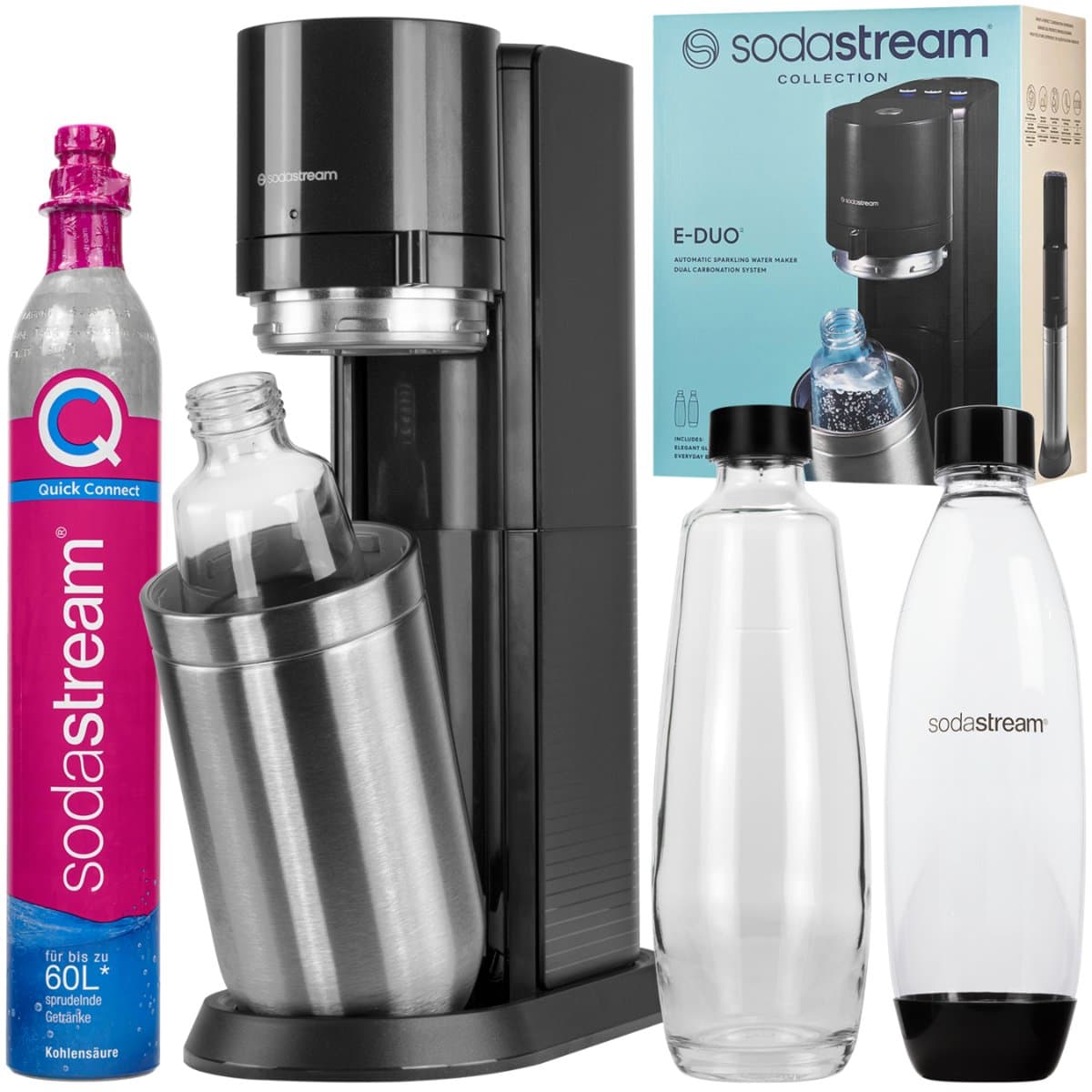 Saturator elektryczny SODASTREAM E-DUO, 2 szt. - Titan szklana i plastikowa butelka QuickConnect 3 poziomy gazowania zasilacz zestaw gazowana woda