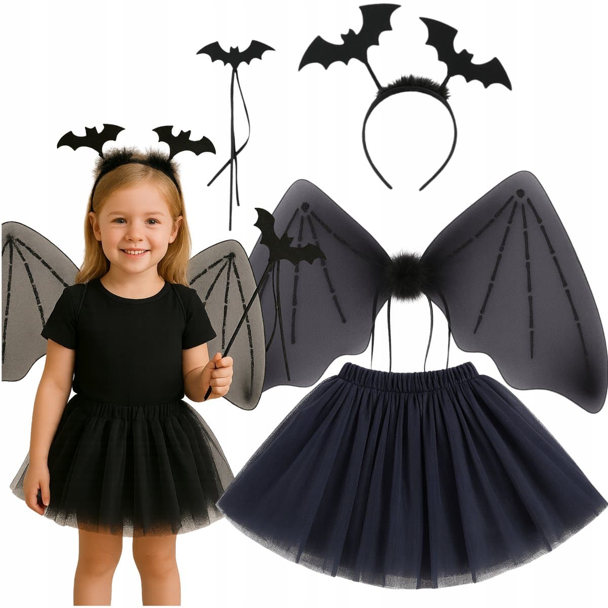 Strój Pajęczarka Nietoperz Tiulowy Kostium Tutu Halloween dla Dzieci
