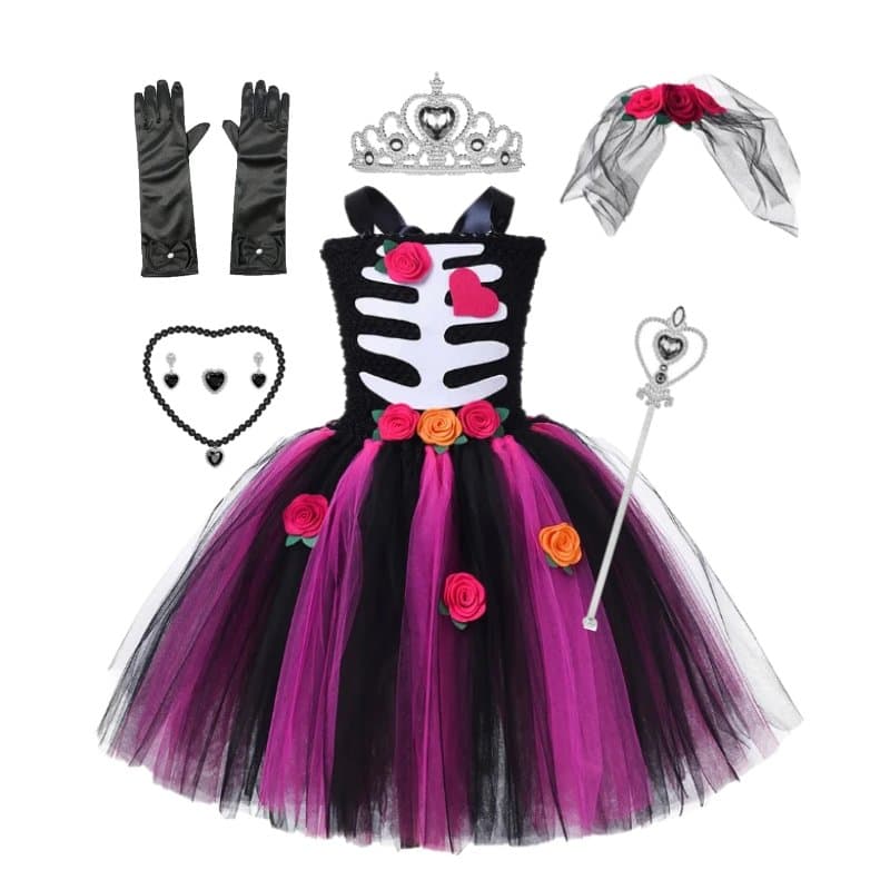 Strój Sukienka Coco Szkieletorka Tutu Halloween Zestaw Korona 110/122 Cm
