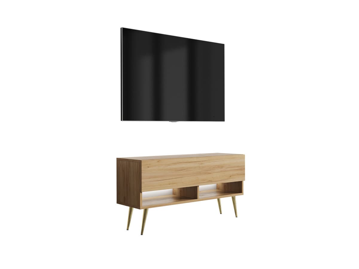 Szafka RTV Dąb Craft, nóżki pochyłe złote, LED biały, 100 x 32 x 52 cm