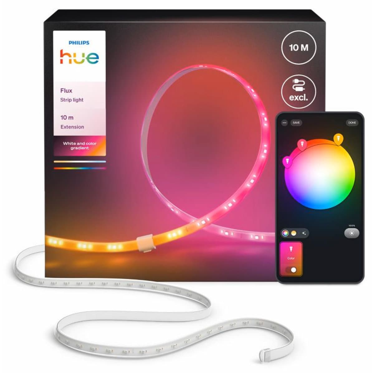 Taśma LED Pasek 10m Philips HUE Flux Strip 60W IP20 White and Color Ambiance RGB + TW Biała Inteligentna SMART Zigbee Bluetooth Rozszerzenie Systemu