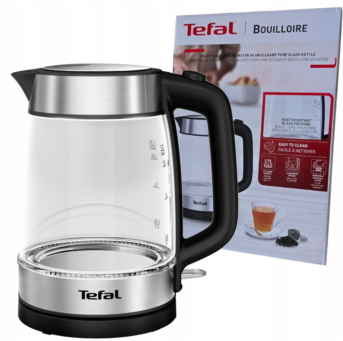 TEFAL CZAJNIK BEZPRZEWODOWY 1,7L SZKLANY INOX BLACK czarny 2200W KI605830