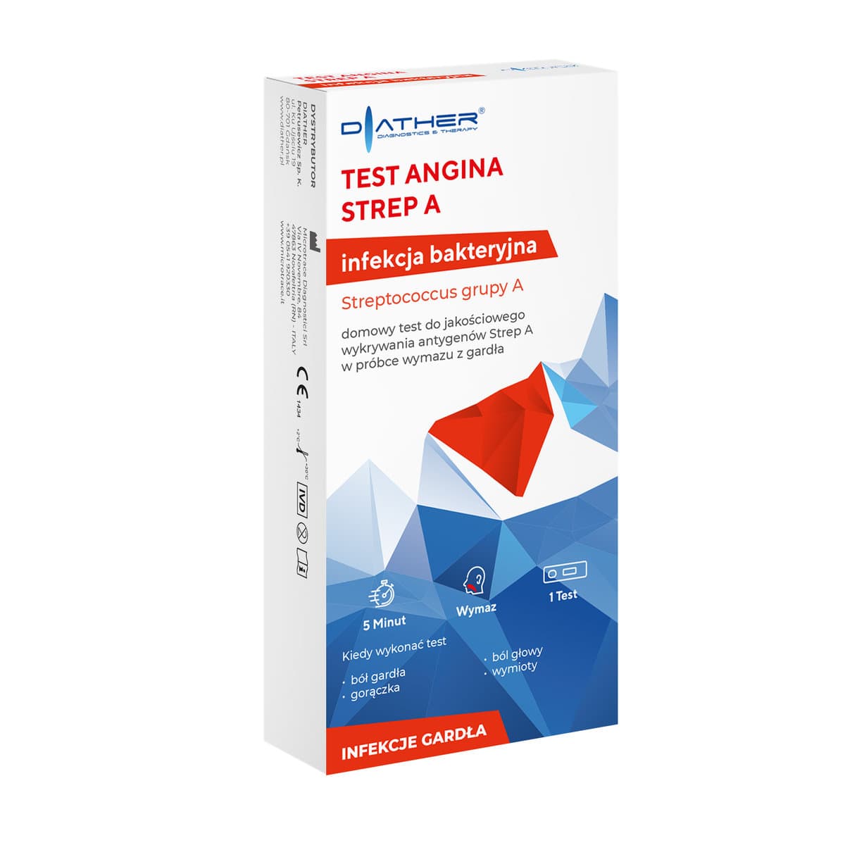 Test na Anginę Strep A Paciorkowce 1 sztuka szybki przy bólu gardła