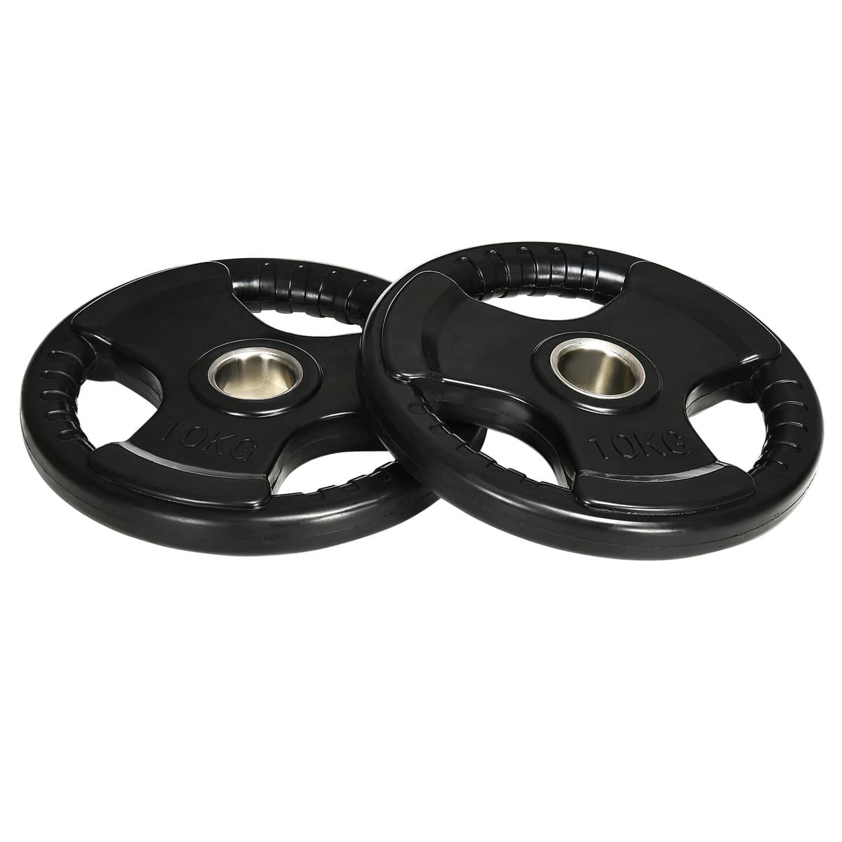 Zestaw 2 ciężarków SPORTNOW, Tri-Grip, 2 gumowane obciążenia olimpijskie po 10 kg, bezpieczne do położenia na podłodze, z otworem 5 cm, trzy