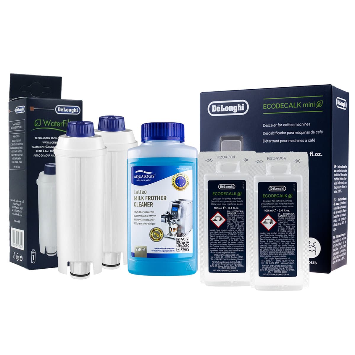 Zestaw Do Delonghi, Filtr DLSC002 2 szt, EcoDecalk 551329602 200ml, Aqualogis Latteo 250ml