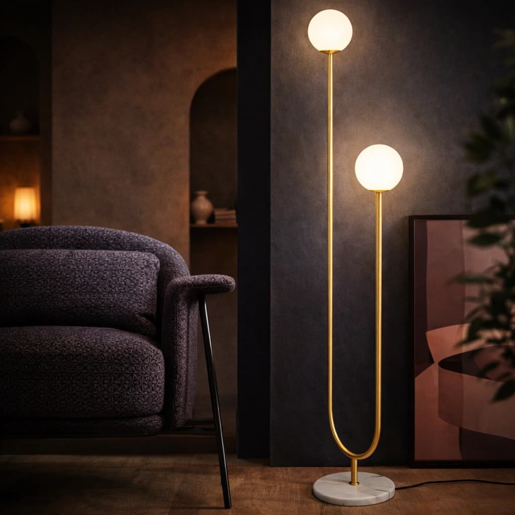 AURDEN – nowoczesna lampa podłogowa z marmurową podstawą i złotym wykończeniem