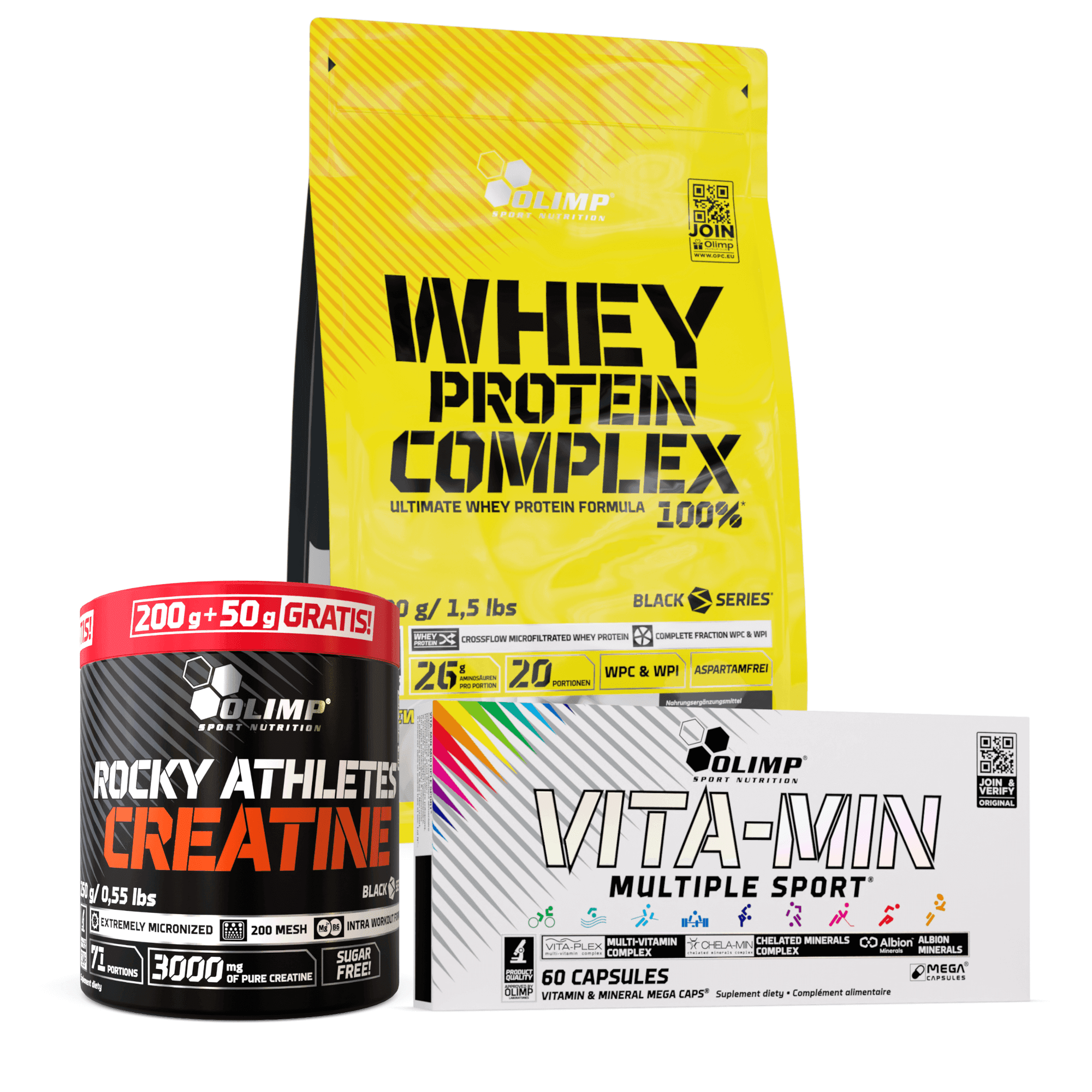 OLIMP ROCKY CREATINE 250g + WHEY PROTEIN COMPLEX 700g + MULTIPLE 60kap Czekoladowo-wiśniowy