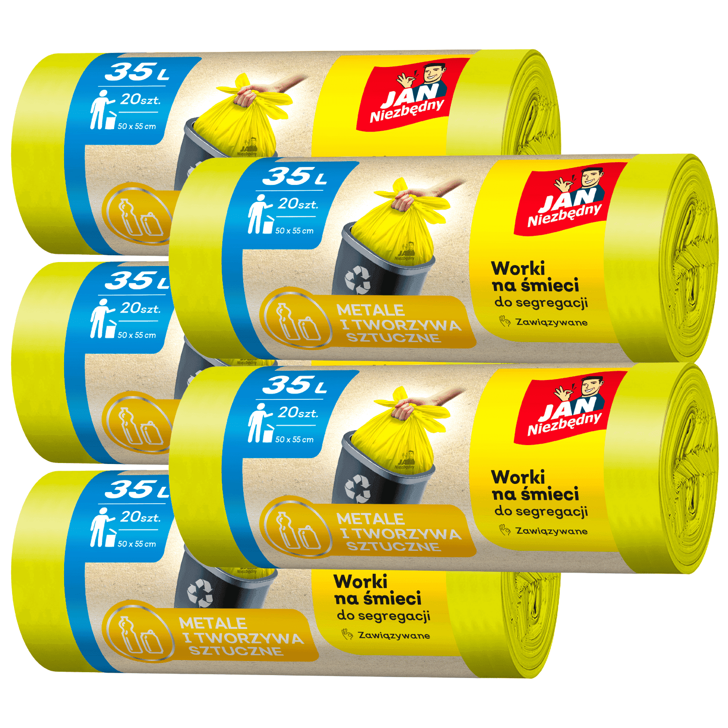 Żółte worki do plastiku 35l - 5 rolek Jan Niezbędny
